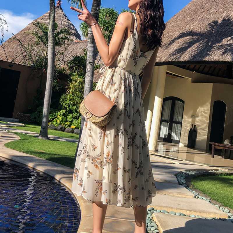 Casual Beach Style Sweet Camisole Pleated Dresses for Women Elegant Print Chiffon Silm Waist Office Lady Vestidos 210525