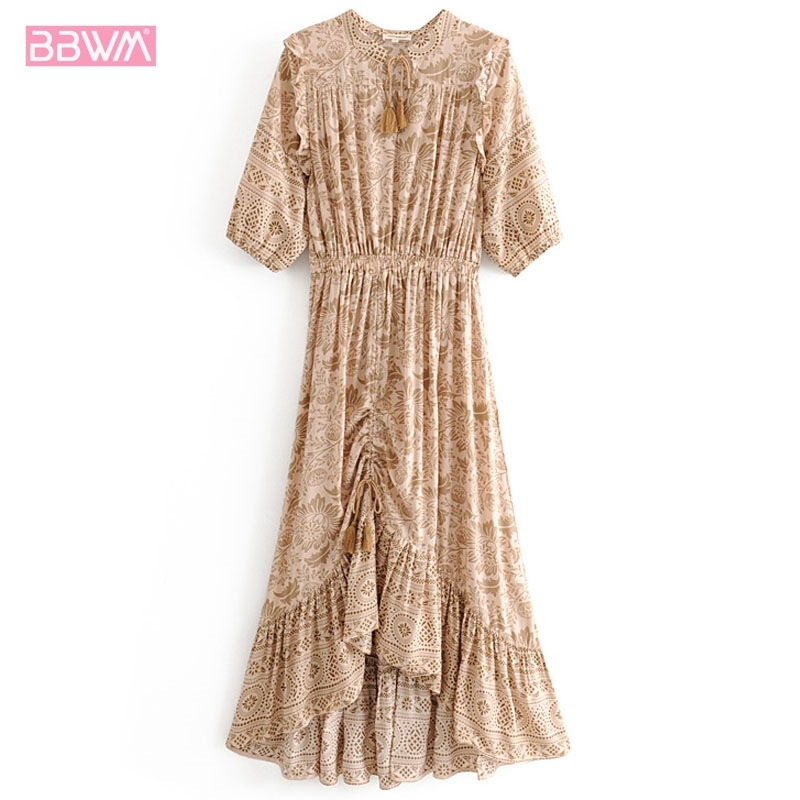 summer women's desert wildflower print Round neck ruffled long female dress Irregular ethnic style Women's dresses 210507