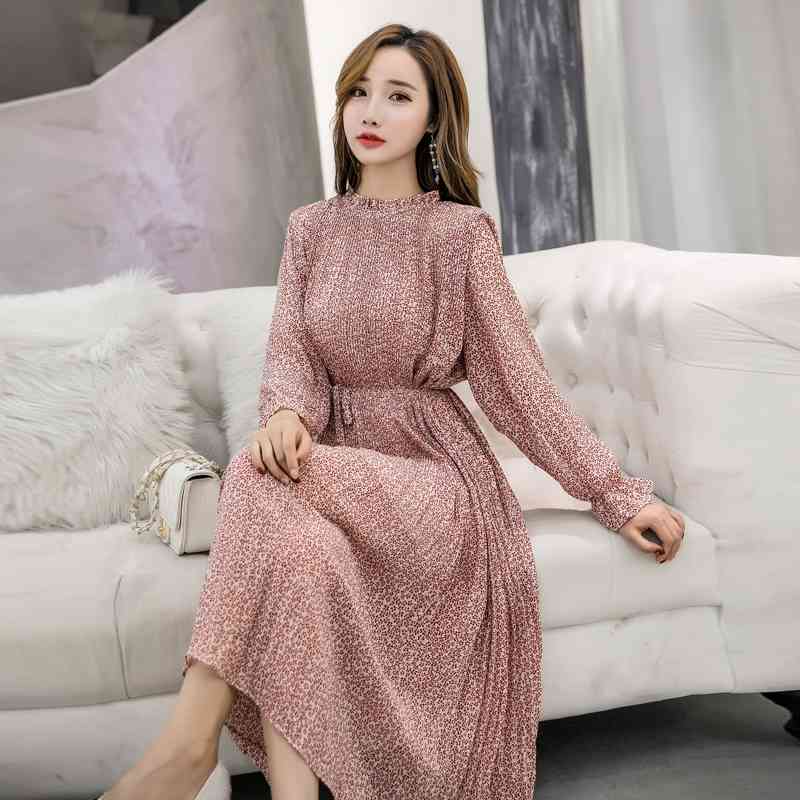 Spring A-line Long Chiffon Elegant Stand Collar Floral Print Women Full Sleeve Elastic Slim Waist Dress 210416