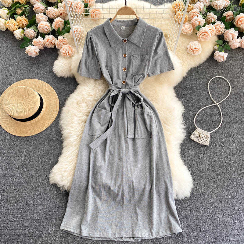 DEAT Women Black Belt Dress Turn-down Collar Short Sleeve Arrivals Lady Temperament Fashion Spring Summer 11D581 210709