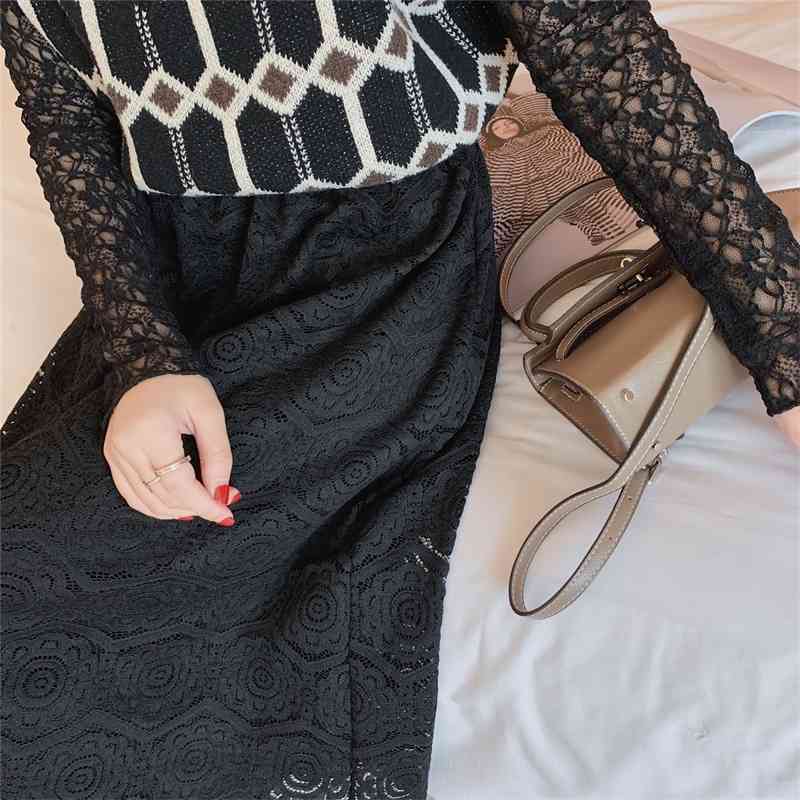 Women Sexy Lace Hollow Out Transparent Skirt Korean Fashion Summer Ladies Elastic High Waist Black Mujer Faldas 210520