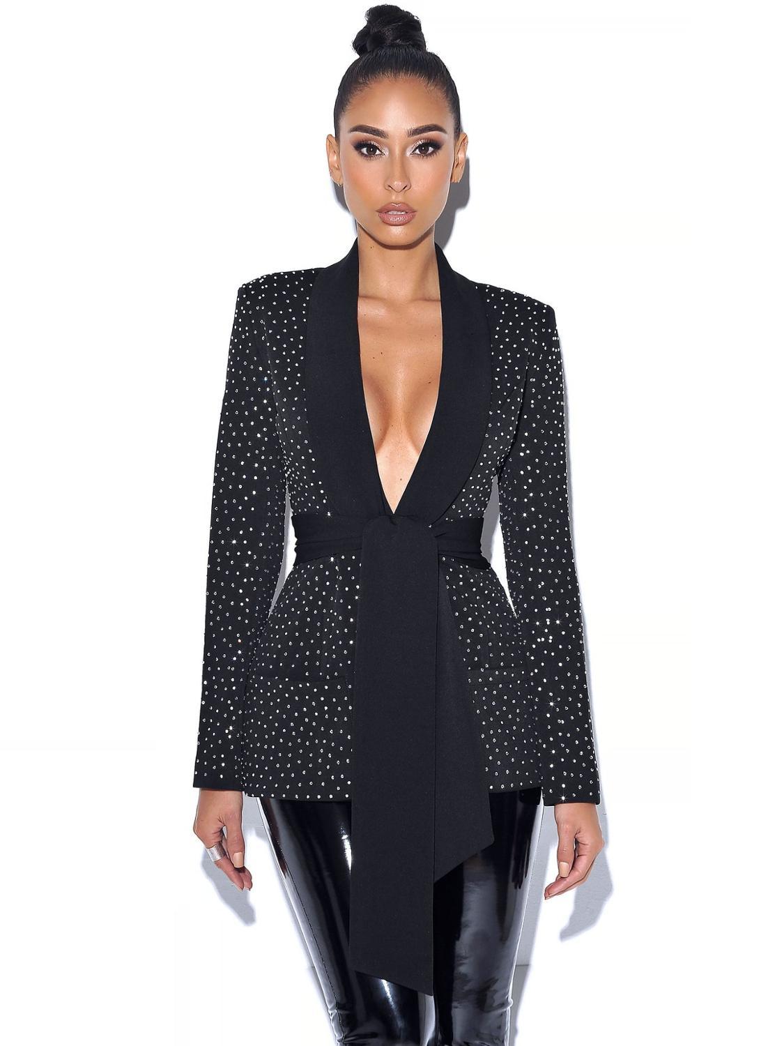 Women's Suits & Blazers High Street Fashion Sexy Full Sleeves Black Beading Sequins Blazer Coat Celebrity Designer Evening Party D