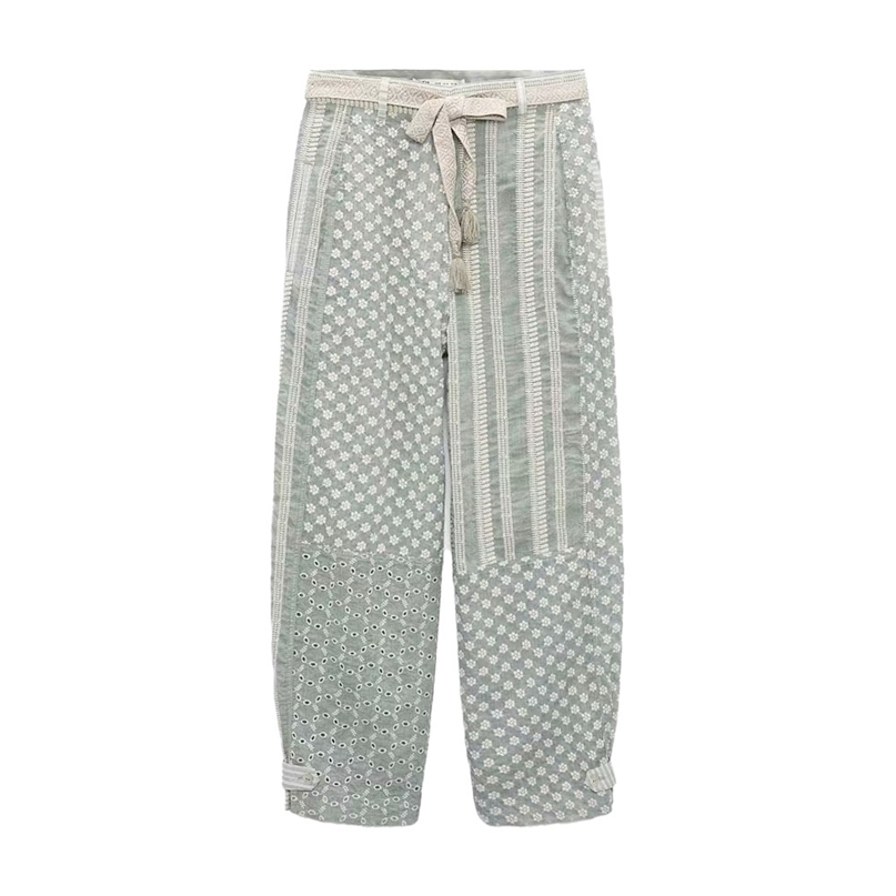Women Summer Chic Fashion Patchwork Embroidery Wide-leg Pants Vintage High Waist Side Pockets Female Trousers Mujer 211115