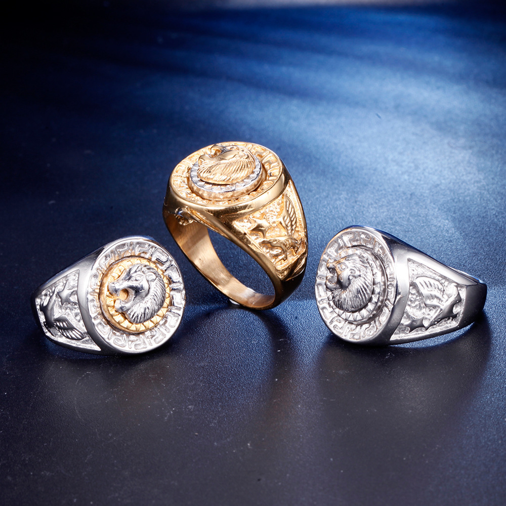Fashion Classic Men's Punk Style Hip Hop Ring Band Cool Lion Head Gold Ring Jewelry