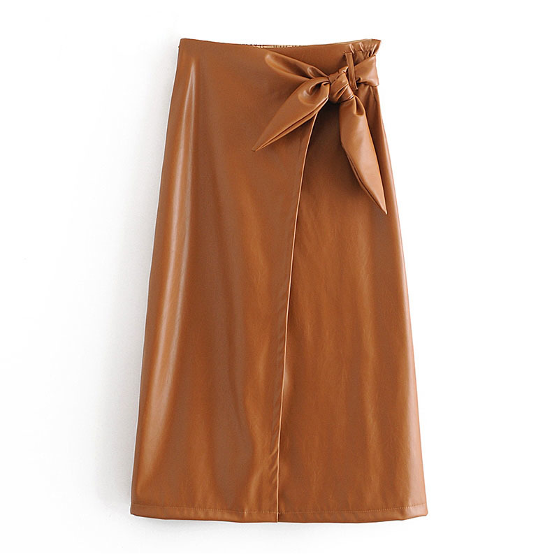 Elegant Solid Faux Leather Skirt Bow Tie Office Wear Long Women Brown And Black Color A Line s Mujer Faldas 210515