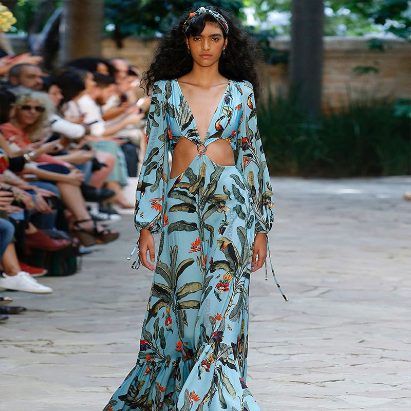 Elegant Floral Print Bikini Cover-ups Sexy Cross Open Back Long Sleeve Summer Dress Women Beach Wear Swim Suit Cover Up A891 210420