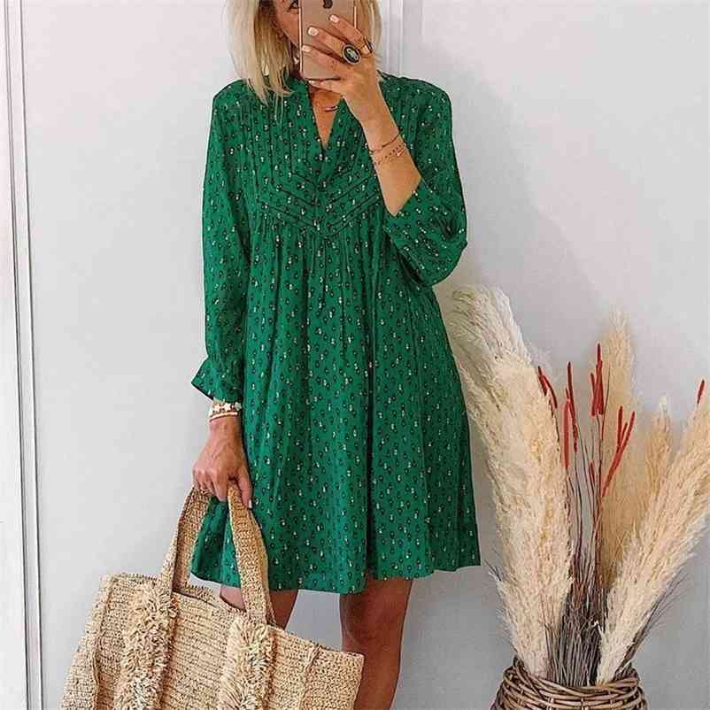 Foridol Floral Print Casual Dress Women Plus Size Office Ladies Short Green Dress Spring Autumn V Neck Vintage Dress 210415