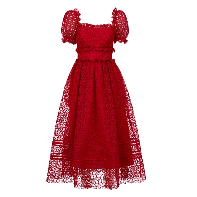 Runway Summer Self Portrait Women Square Collar Ruffles Long Dresses Puff Sleeve Hollow Out High Waist Holiday Party Dress 210506