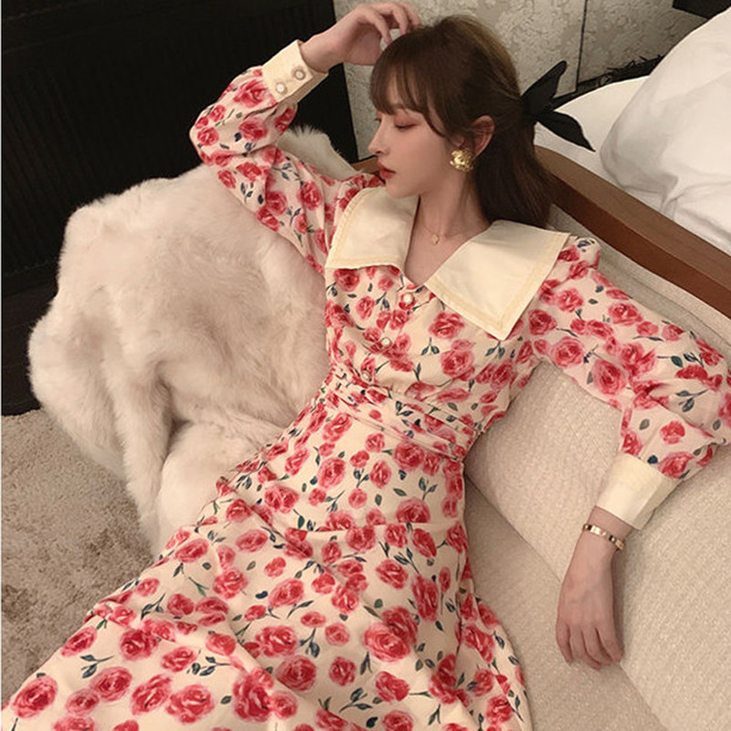 Elegant Floral Dress Women Long Sleeve Flower Vintage Dress Female Peter Pan Collar Slim Dress Korean Spring Chic 210521