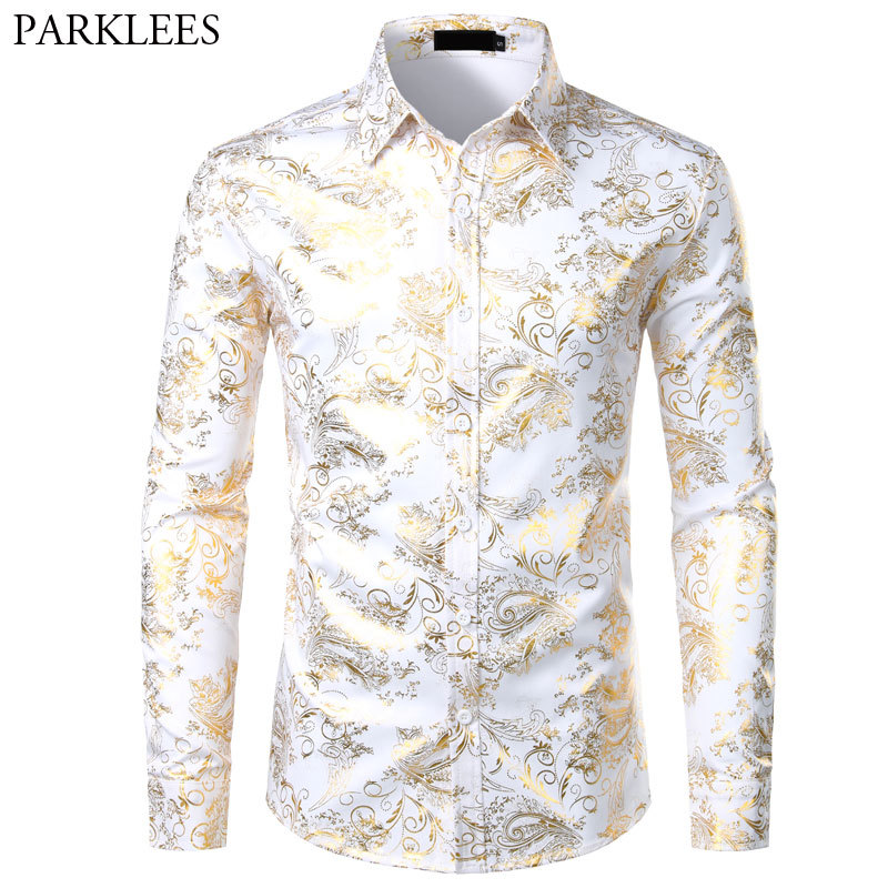 Mens Gold Floral Shirts Shiny Slim Fit Bronzing Shirt Men Wedding Club Stage Prom Shirt Male Chemise Homme Camisas Masculina XXL 210410