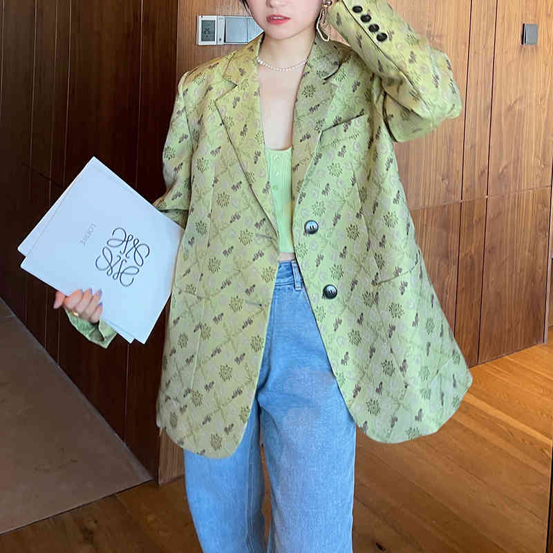 temperament Green Jacquard blazer women's spring autumn notched loose single breasted long sleeve suit coat 210427