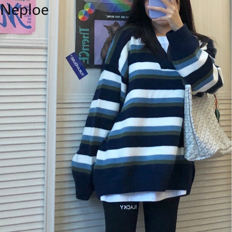 Neploe Preppy Style Knitted Pullovers Coat Chic Vintage Sweaters for Women Thicked All-match Striped Jumper Oversized Outwear 210422