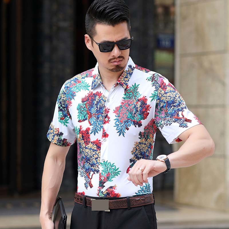 Men Clothes Summer Fashion Casual Men Shirt Short Sleeve Cotton Floral Shirts Cool Breathable Flowers Shirt 5XL 6XL 7XL 210412