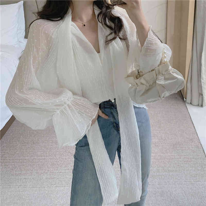 Harajuku Shirt Korean-Style Long-Sleeved Translucent Bow Stand Collar Polka Dot Chiffon Lace Top Women Blouse 988G 210420