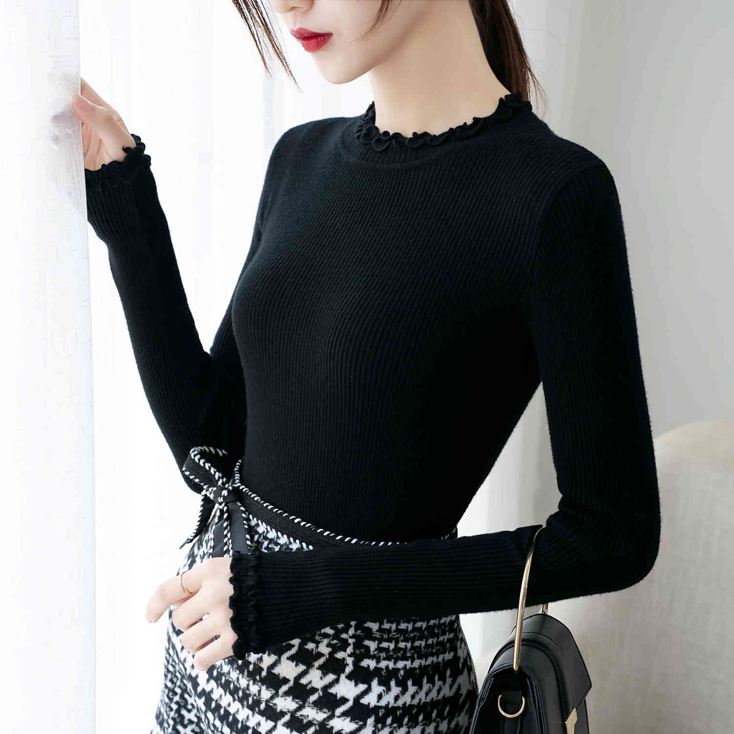 Semi-high-collar knitted sweaters long sleeves pullovers Half-High Neck HongKong style women Slim Fit Sweaters 7233 50 210508