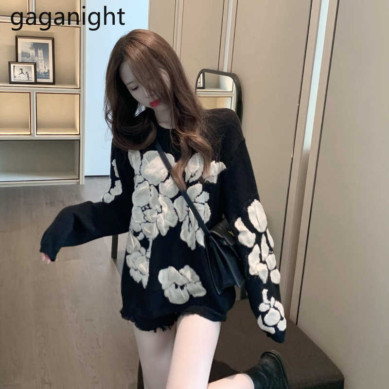 Fashion Vintage Floral Women Sweaters Japanese Casual Loose Flowers Pullover Autumn Winter Knitted Tops Pull Femme 210601