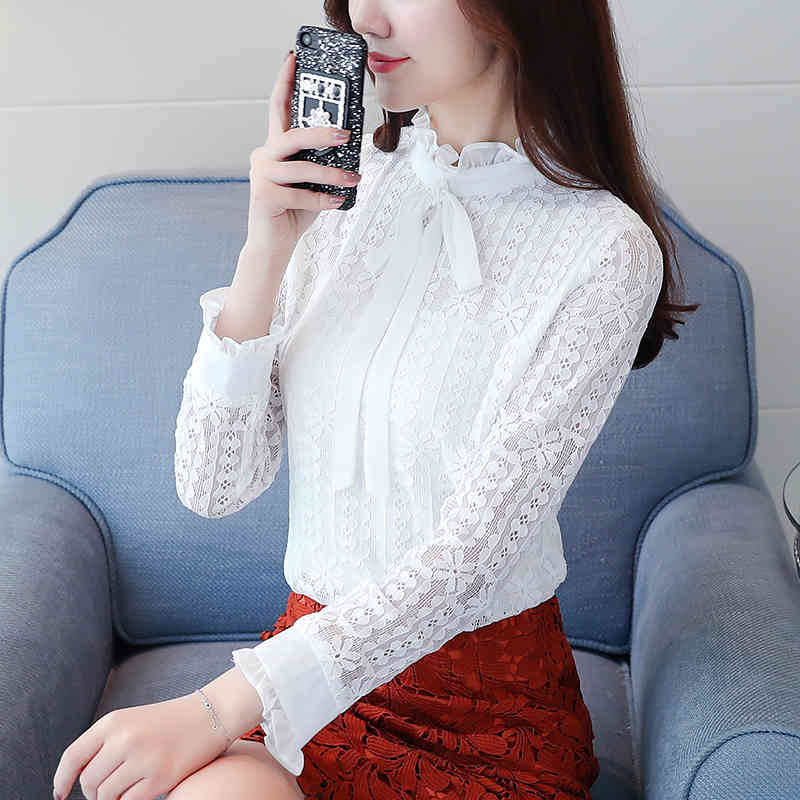 long sleeves women clothing solid lace blouse blusas casual plus size bow stand neck shirts clothes C871 30 210506
