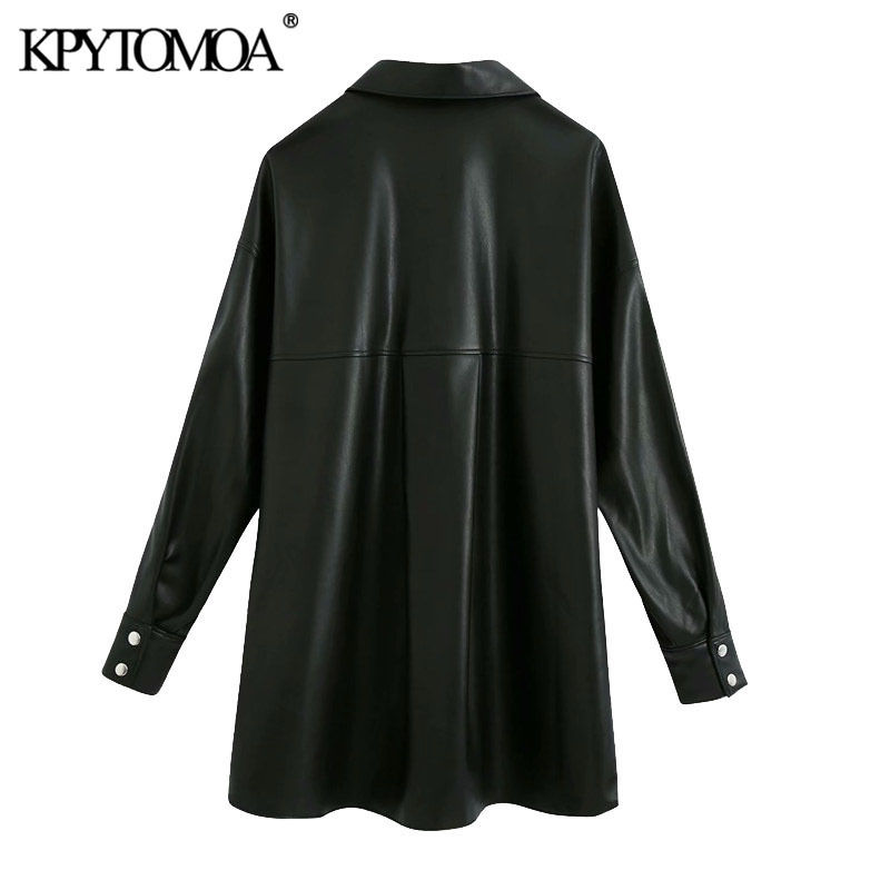 Women Fashion Pockets Oversized Faux Leather Jacket Coat Vintage Long Sleeve Side Vents Female Outerwear Chic Tops 210416