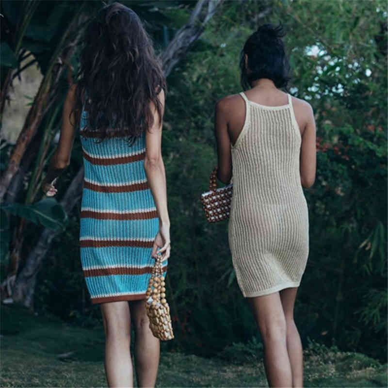 Sexy Striped Bikini Cover-ups Blue Crochet Tunic Elegant Sleeveless Women Summer Dress Beach Wear Swim Suit Cover Up Q1255 210420