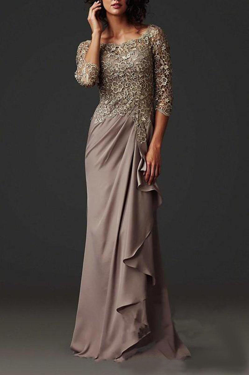 Elegant Sheer Lace Mother Of The Bride Gown With Long Sleeves And Floor Length