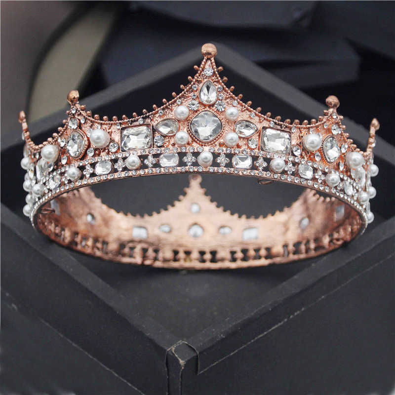 Baroque Royal King Diadem Men Crystal Pearls Metal Tiaras Wedding Crown Hair Jewelry Big Head Ornaments Prom Party Accessories 211006