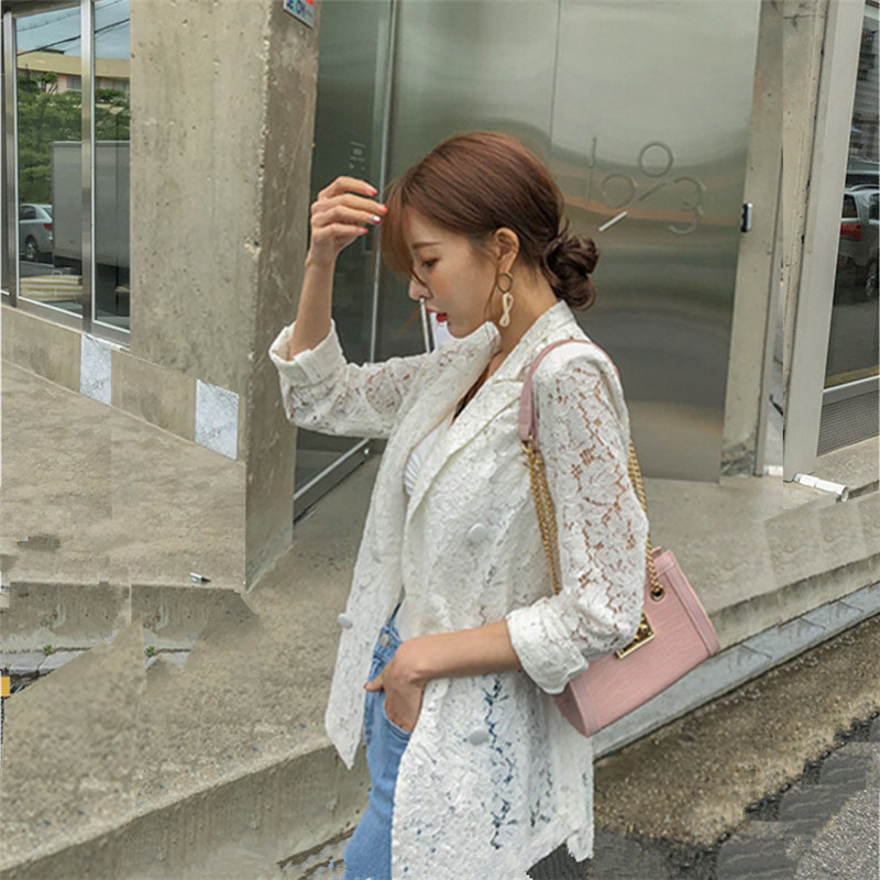 Double-breasted Sunscreen Lace Blazers Women Summer Office Lady Solid Minimalist OL Suit Jacket Tops Plus Size 210421