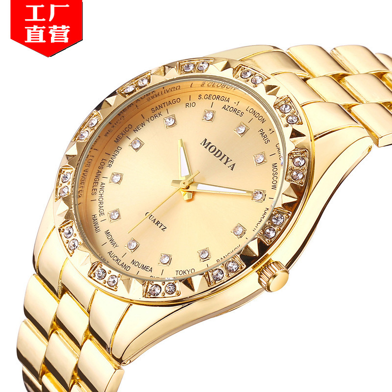 Modiya Straight Diamond Dial Business Men's Watch Steel Band Tuhao Gold Quartz