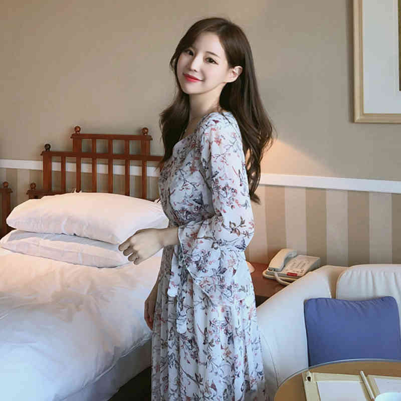 Women Dress Summer Vintage Midi Long es Vestidos V-neck Flare Short Sleeve Print Sweet Casual Chiffon 10451 210518