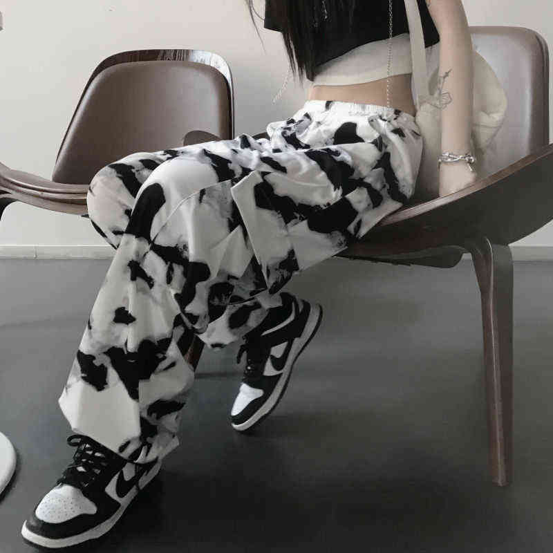 HOUZHOU Cargo Pants Tie Dye Harajuku Streetwear Women Wide Leg High Waisted Trousers Punk Oversize Aesthetic Korean Fashion 211124