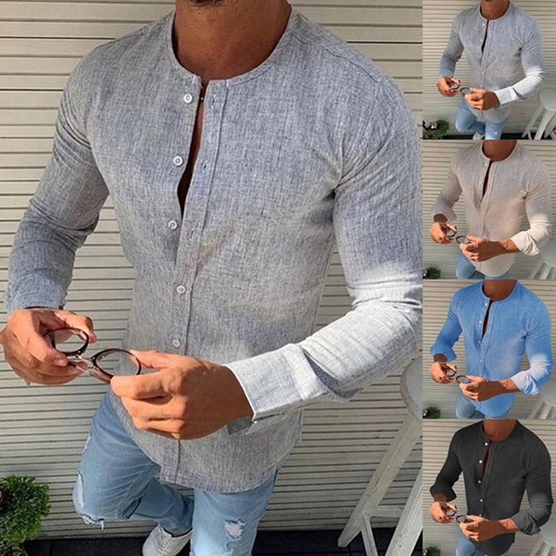 Fashion Men's Long Sleeve Spring Summer Collarless Full Sleeves Solid Color Single Breasted Slim Fit Comfortable Work Shirts Casual