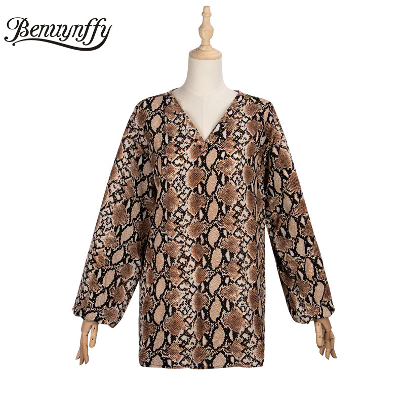 Snakeskin Print Drop Shoulder Loose Top Blouse Women Autumn Fashion V-Neck Long Sleeve Highstreet Ladies Blouses Tops 210510