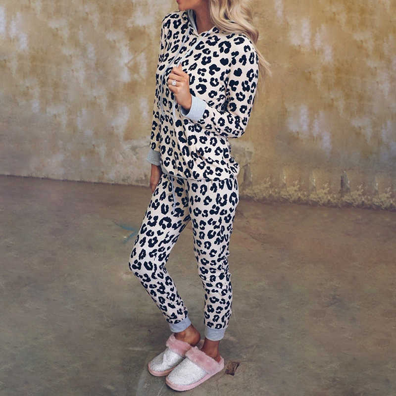 Hooded Leopard Printed Kangaroo Pocket Home Suit Woman Long Sleeve Drawstring Waist Pencil Pants Two Piece Set Pajamas for Women 210604
