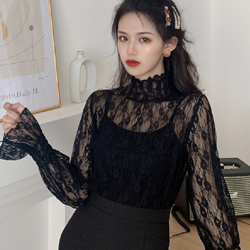 Elegant Lace Shirts Ladies Casual Flare Sleeve Turtleneck Blouse and Tops Women Spring Korean Style Basic Shirt Female Chic 210521