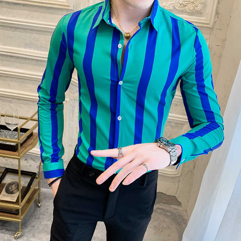 Striped Men's Shirt Dress Business Casual s Long Sleeve Slim Fit Men Autum Tuxedo Social s Male Clothing 210721