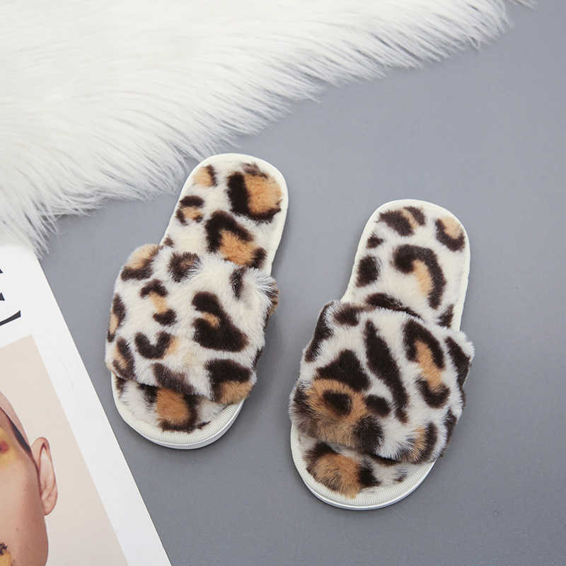 Kids Shoes For Girl Fluffy Slippers Open Toe Flat House Slippers Toddler Girl Shoes Leopard Furry Slippers Winter Indoor Slipper X0703