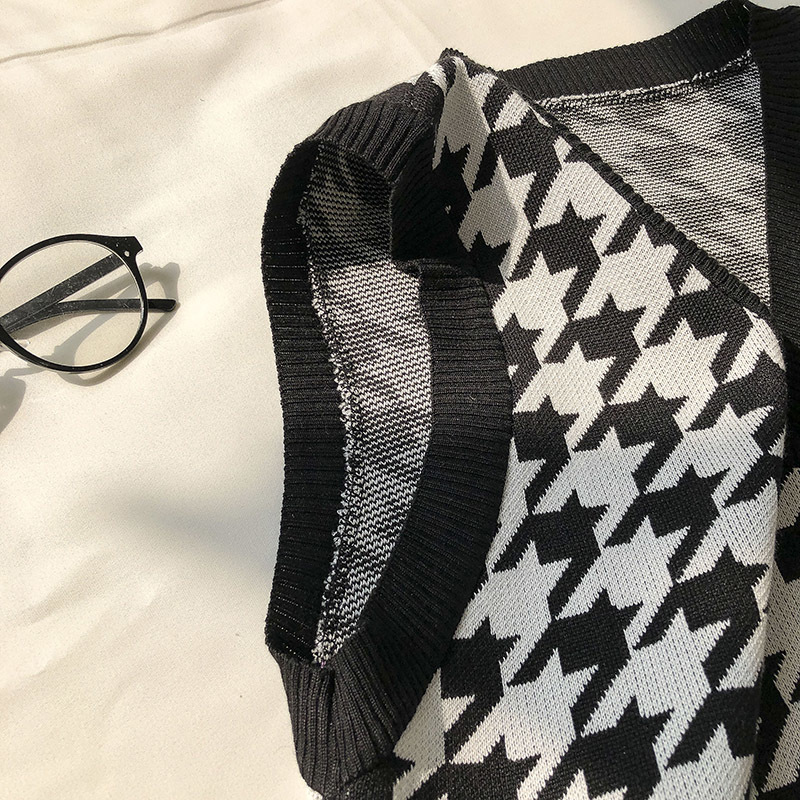 Autumn Houndstooth Knit Vest Women's Loose Korean Outdoor Knitted Waistcoat High Street Sleeveless oversized sweater 210508