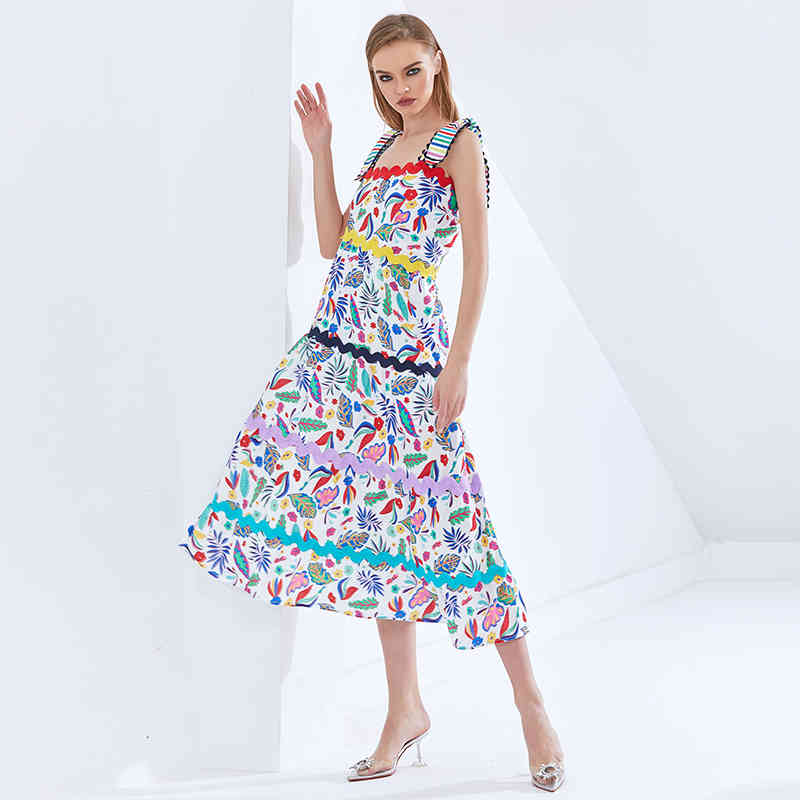 VGH Print Hit Color Dresses For Female Square Collar Sleeveless High Waist Slimming Ruched Women's Elegant Dress Fashion New 210421