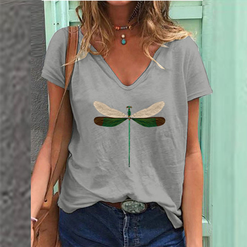 Women's Summer Fashion Printed Dragonfly V Neck T Shirt Female Plus Size Loose Short Sleeve Tops S-3X 210406