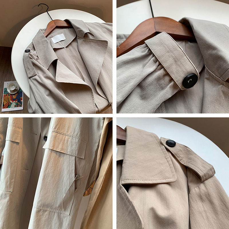 Women Solid Casual Trench Coat Turn Down Collar Loose Office Wear Long Coat Big Pocket Korean Gray Khaki Windbreaker 210414