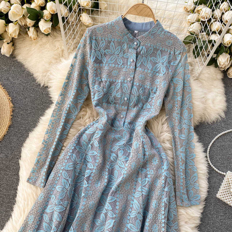 LY VAREY LIN Spring Autumn Women O-neck Vintage Single Breasted Midi Dress Office Ladies Lace Patchwork Fairy 210526