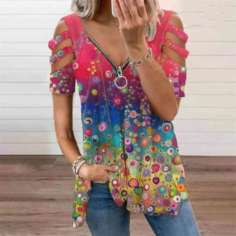 Summer Sexy Urban Casual Loose Vintage Printing V-Neck Zipper Hollow Short-Sleeved T-Shirt Hedging Women' Clothing 210708
Summer Sexy Urban Casual Loose Vintage Printing V-Neck Zipper Hollow Short-Sleeved T-Shirt Hedging Women' Clothing 210708