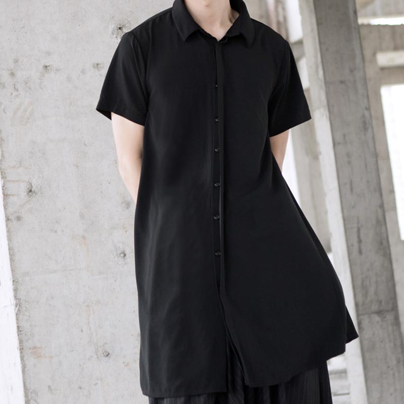 Yamamoto Style Dark Mid-long Irregular Asymmetrical Casual Neutral Short-sleeved Shirt Summer Men's Shirts