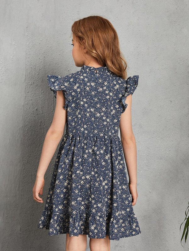 Girls Ditsy Floral Butterfly Sleeve Ruffle Hem Dress SHE