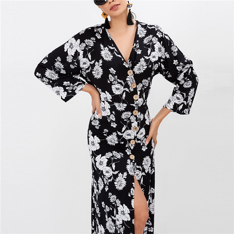 Summer Chiffon Dress Women Floral Print Long Boho Beach Sexy Deep V-neck Party Sundress Vestidos de fista 210515