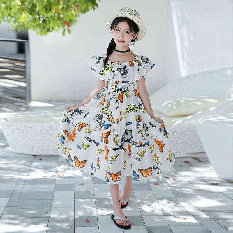 New Girl Dress 2021 New Summer Broken Waist Butterfly Print Children Holiday Cotton Dress Teen Bohemian Dress Beach,#6142 G1218