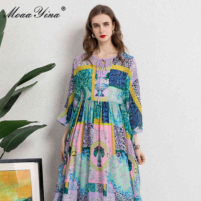 Women's Summer Loose Vacation Dresses 3/4 sleeve Colorblock printing Bohemia Style A-Line Chiffon Maxi Dress 210524