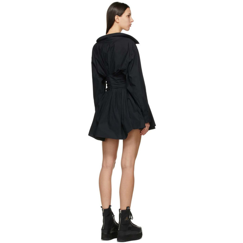 DEAT Women White Asymmetrical Folds A-line Single Breasted Dress New Round Neck Long Sleeve Slim Fashion Tide Summer 7E7925 210428