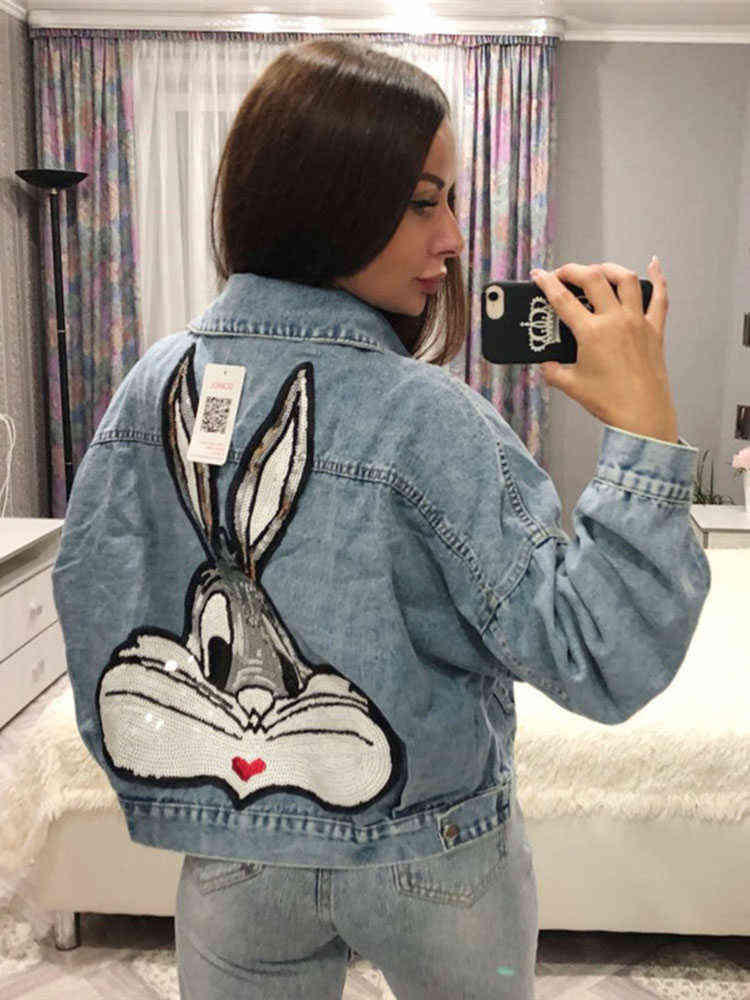 GCAROL Cartoon Sequined Oversized Denim Jacket Bling Loose Preppy Style Embroidered Short Coat Character Outfits 4 season 211117