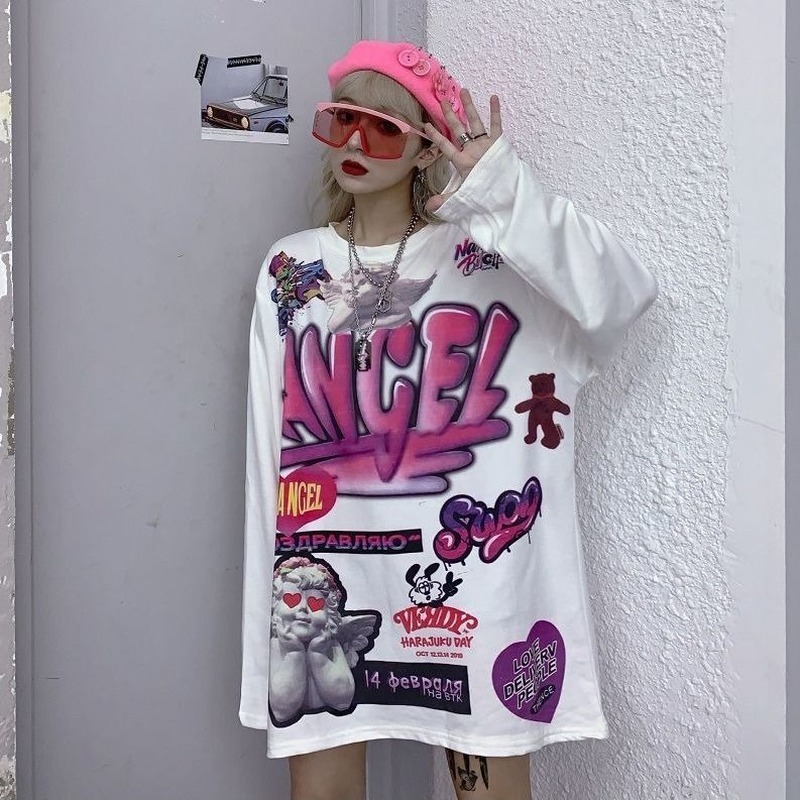 QWEEK Y2k Aesthetic Woman Tshirts Angel Print Tops Long Sleeve Harajuku Femme T-shirts Fashion Streetwear Women Clothing 210406