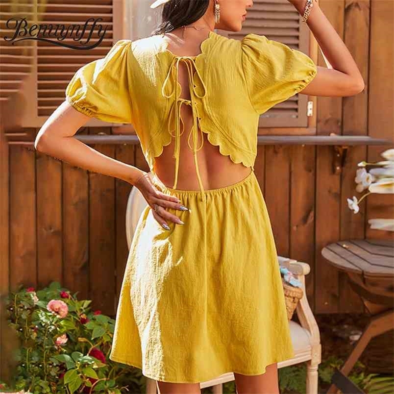 O-Neck Lace up Backless Holiday Style Dresses for Women Casual Summer Short Sleeve High Waist A-Line Mini Dress 210510
